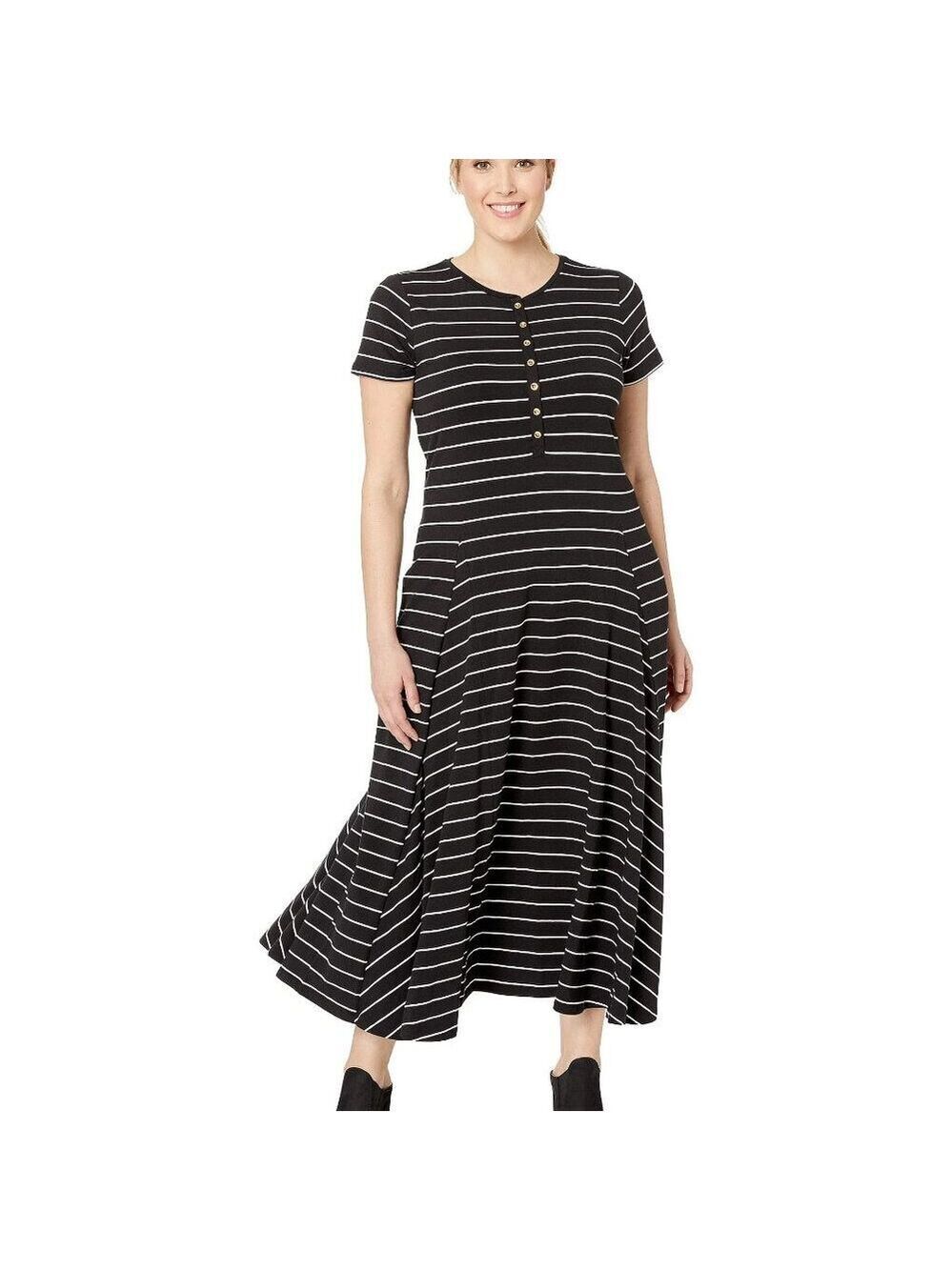Lauren Ralph Lauren Black White Striped Jersey Cotton Modal Maxi Dress Size XL